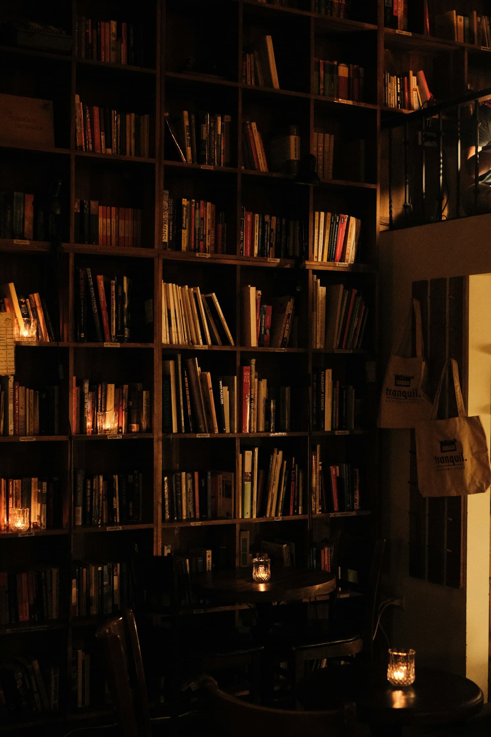 A dark library lined with bookshelves, glowing under warm tranquil light