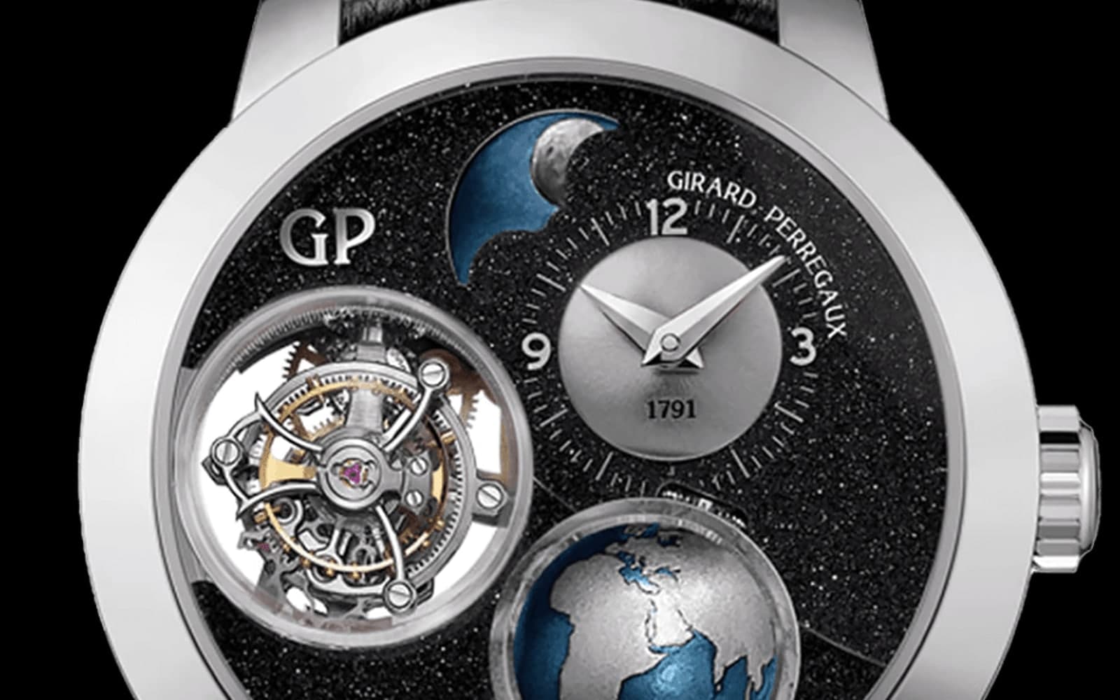 A close detail of an haute horology watch face with exposed complications and polished metal