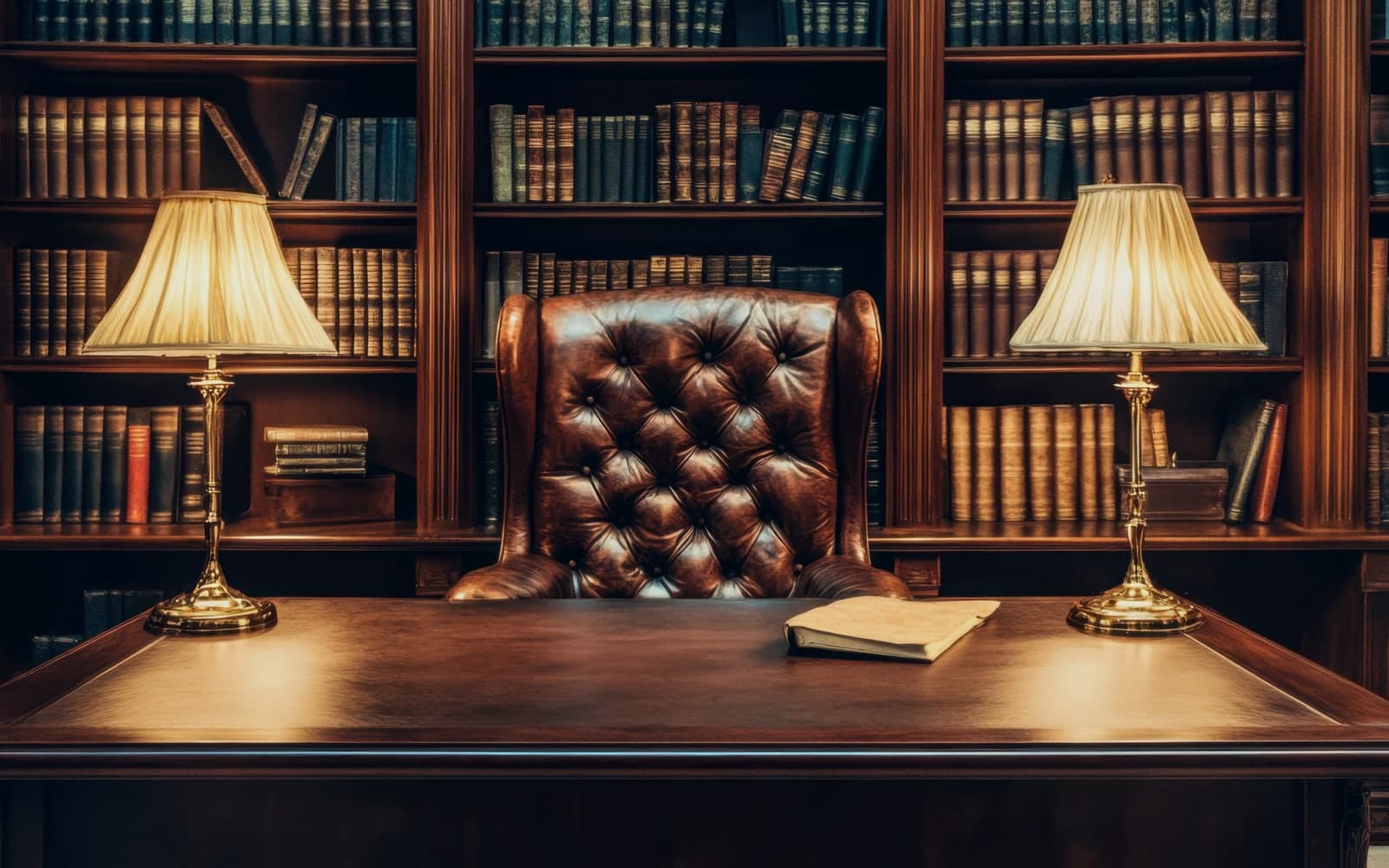 A private principal desk in a warm library office with paired lamps and a leather chair